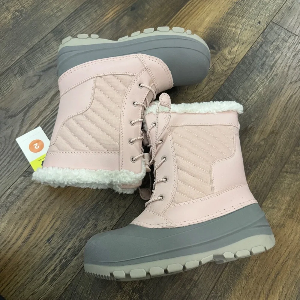 All In Motion Girls‎ 2 Pink Waterproof Snow Boots Coquette Fairy Faux Fur NWT